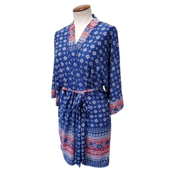 In Bloom Border Print Kimono Stretch Jersey Robe Blue/Coral Red/White Multi S - Picture 1 of 8